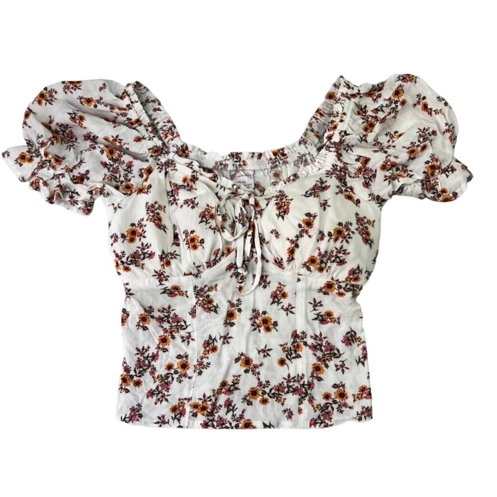 No Boundaries Top Women XS Juniors Ivory Floral Puff Sleeve Cropped Empire Waist